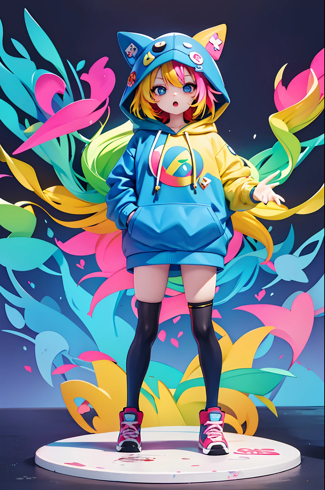hightquality, masterpiece, Colorful colors, Cartoon style, Graffiti Art, tchibi、Chibichara, gals, Wearing a hoodie, Wearing a hood, cyberpunked, Messy background, Unprecedented amount of depiction, Covered with psychedelic text, sticker style、rainbow、