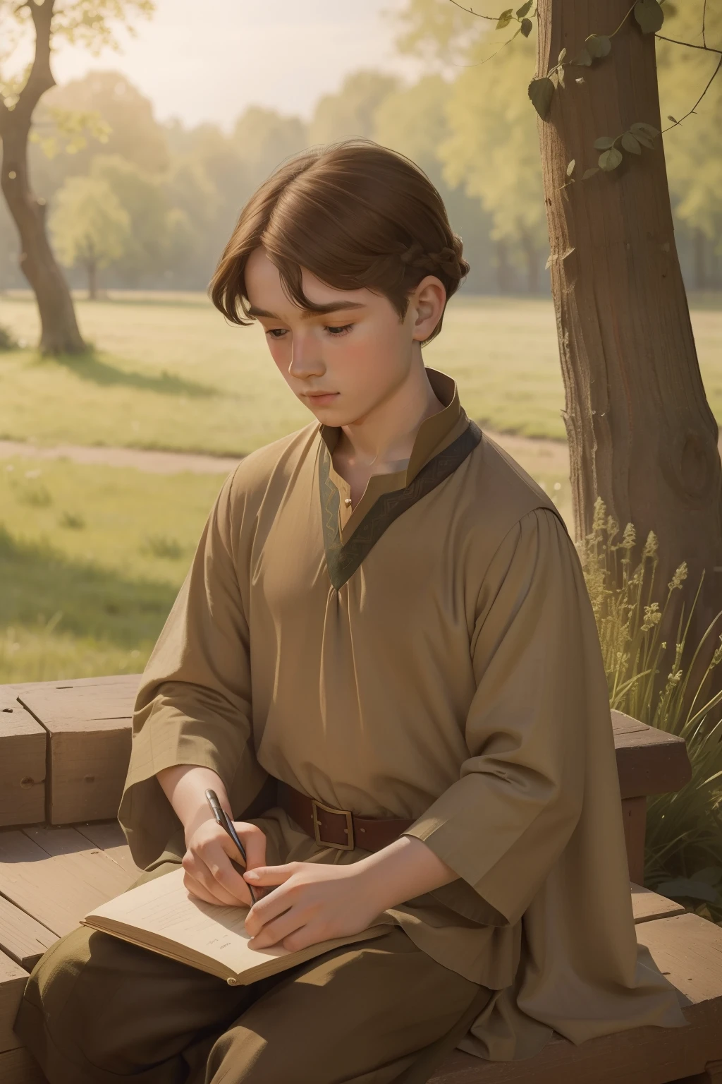 Year: 11th century. Location: London, England. Pre-raphaelite scene with a 12-year-old english boy, drawing a portrait in a piece of wood, outdoors, ((((11th century plain dull tunic)))) ((11th century hairstyle)), (((cinematic style)))
