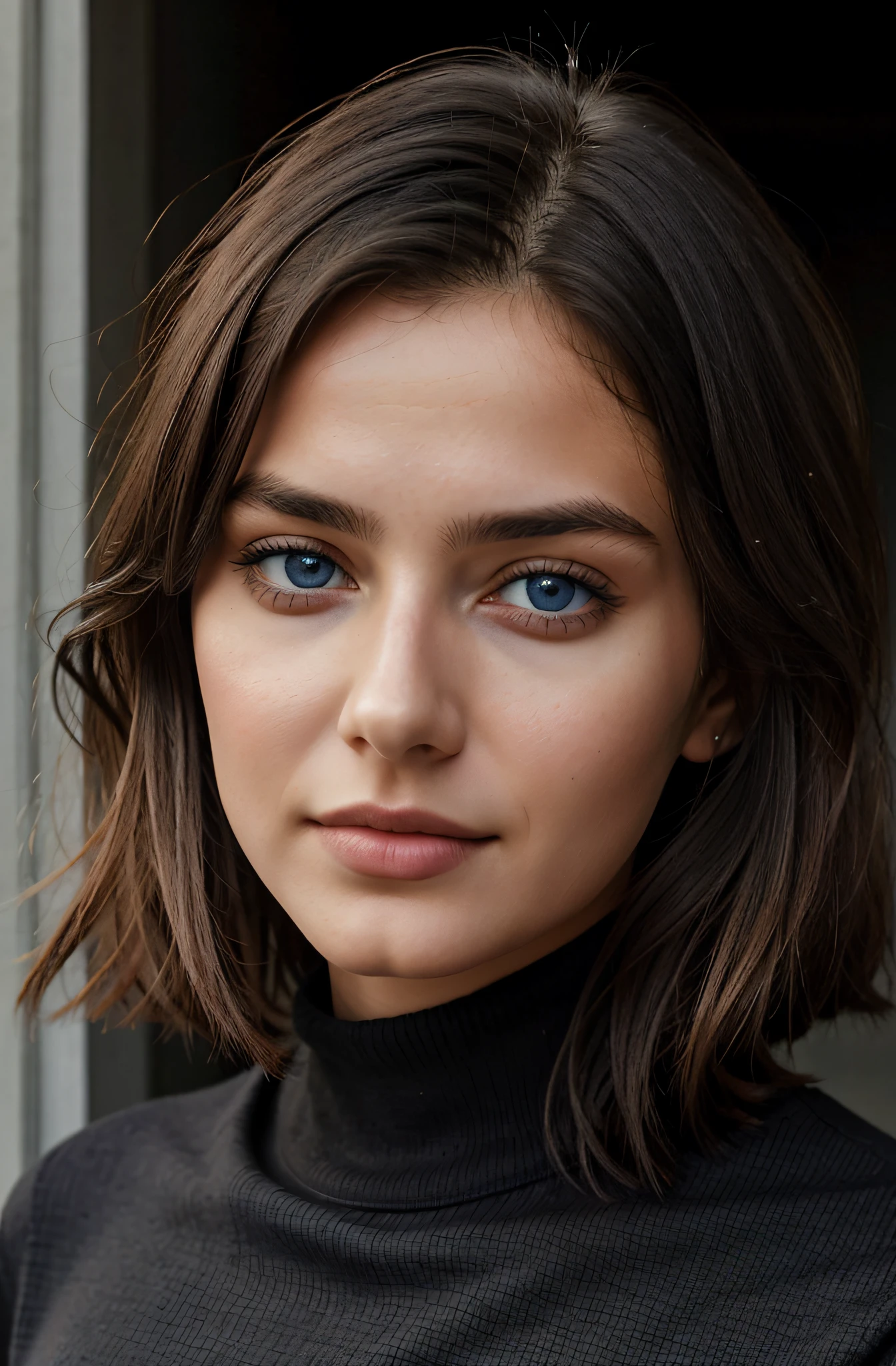 1Girl 19 years old, nur, Lange Haare, medium boobs, passport photo, Blick auf den Betrachter, black Haar, protreit photo, nackte Schultern, braune Augen, Schmuck, full entire body, Halskette, schulterfrei, Pullover, Lippen, realistisch, Nase, Flirten mit der Kamera, blue eye