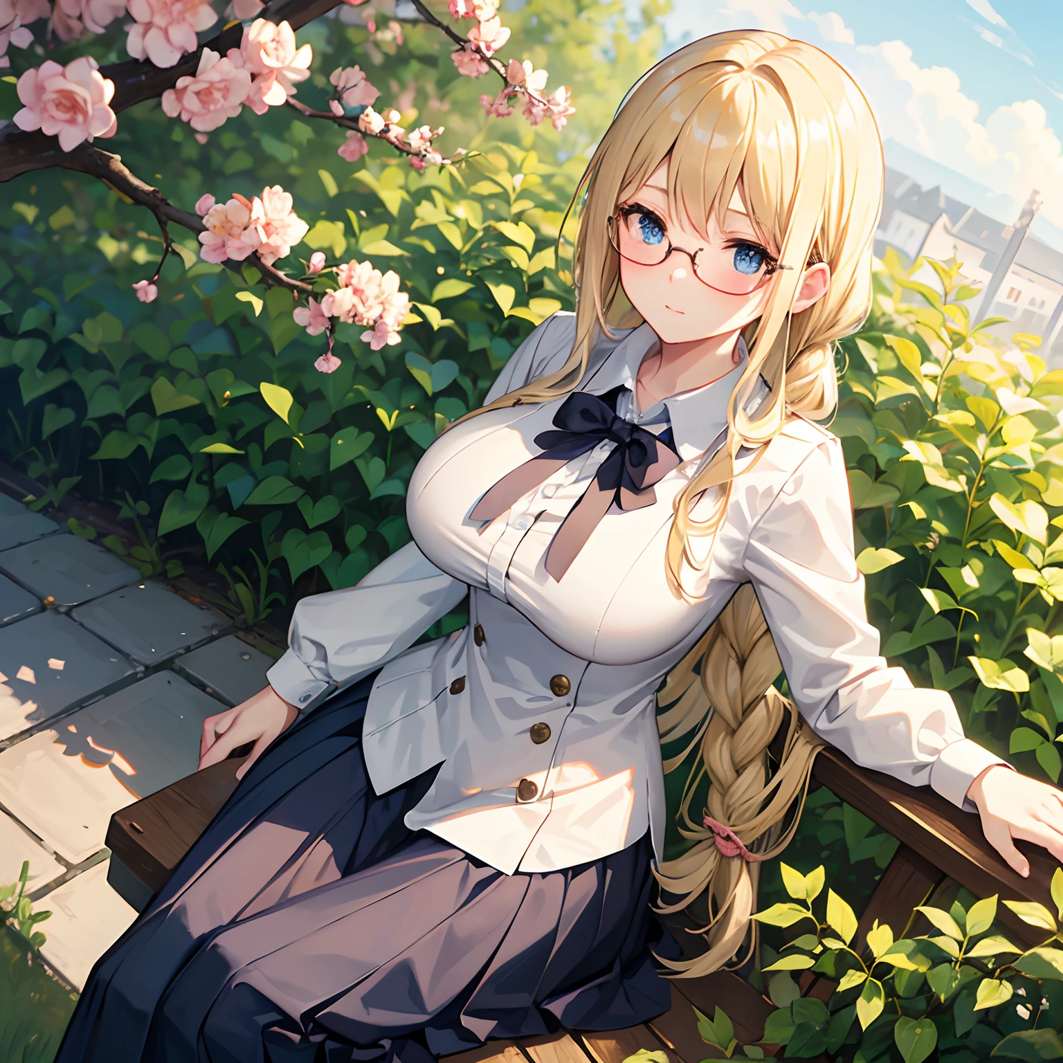 Blonde, single braid hair, (big tits), solo, blush face, blue eyes, uniform, long skirt, round glasses, random pose, at school garden, sitting on branch, calm face