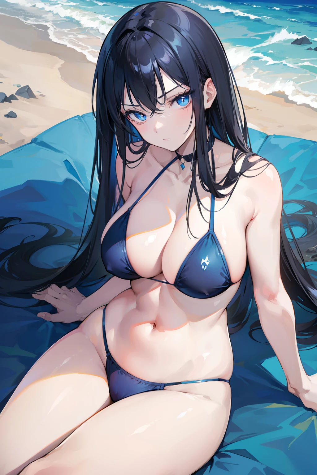 anime girl, long black hair, azure blue eyes, mature and tall, mature face, slightly fierce face, in a dark blue bikini swimsuit, laying down at the beach, beautiful background, good anatomy, 8k, high resolution