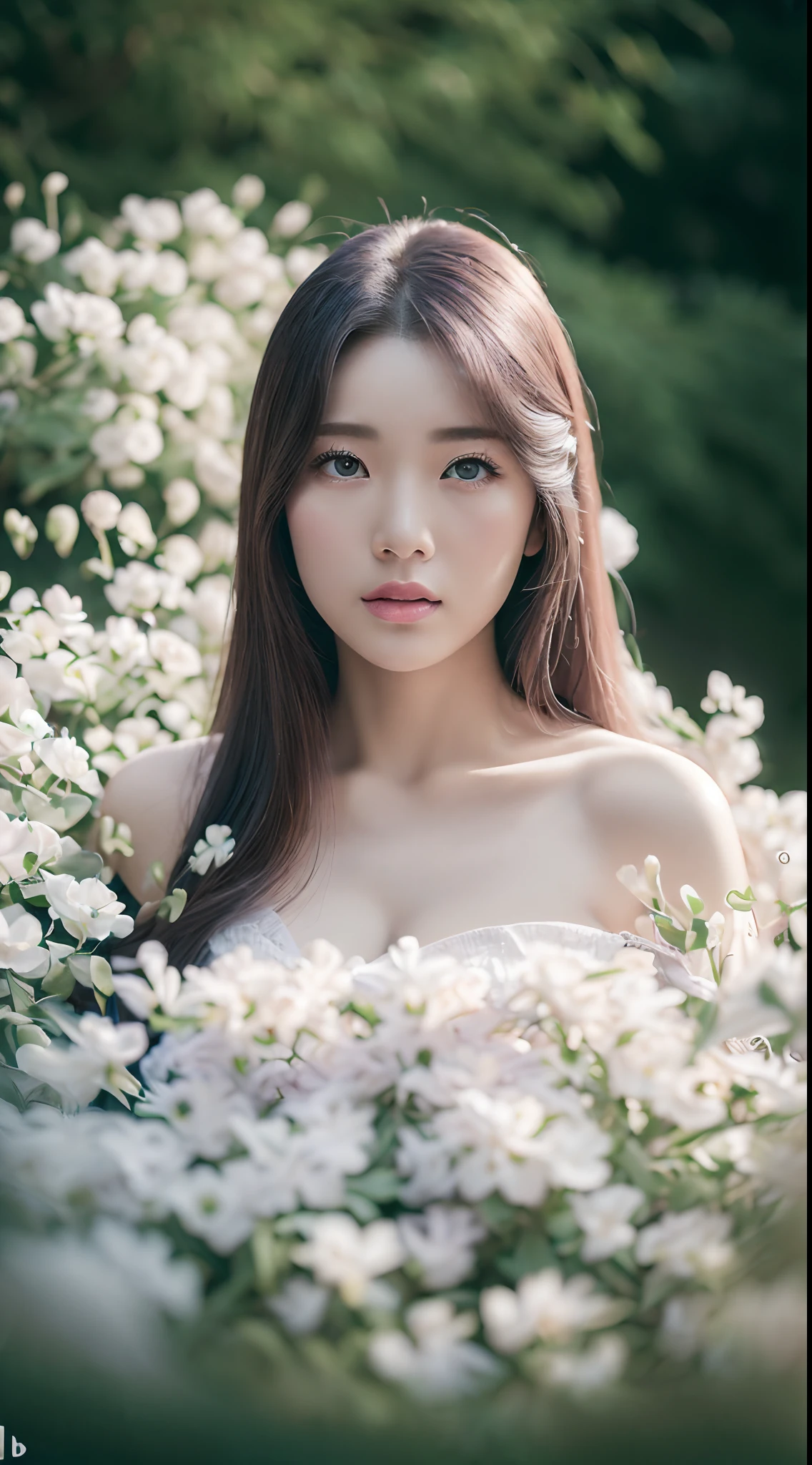 (Best quality, 4K, 8K, A high resolution, Masterpiece:1.2), Ultra-detailed, (Realistic, Photorealistic, photo-realistic:1.37), Portrait, Beautiful flowing long hair, Gray iris，vacant gaze, Plump pink lips, The ends of the hair are dotted with white flowers, Slender figure, Panoramic view, black formal, Detailed legs