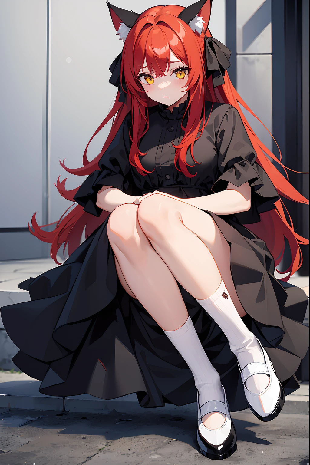 A girl with cat ears, red hair and yellow eyes, wearing a black dress, white socks and black shoes