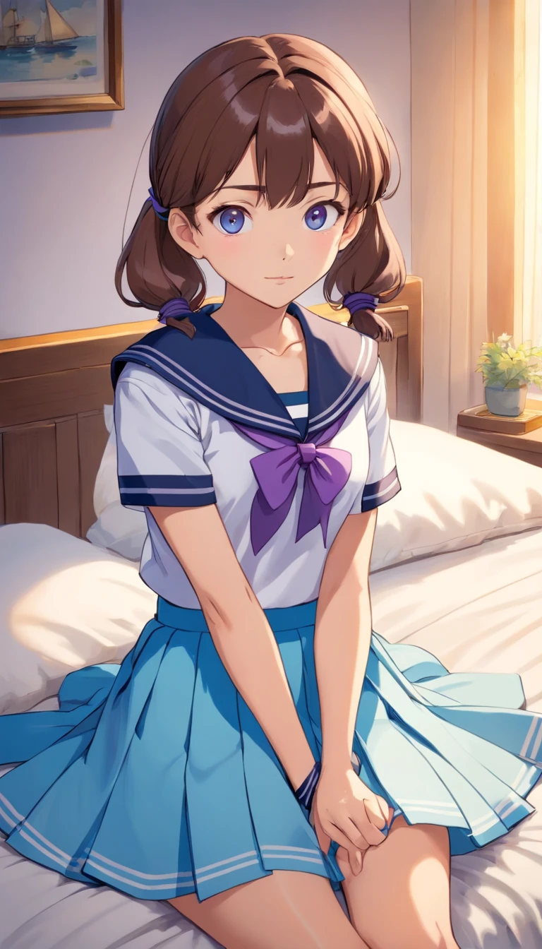 Beautiful illustration、top-quality、12year old girl，Brown ponytail，Medium hair tied with purple elastic. Her S is small. Her eyes are dark blue、on top of the bed、(((Light blue pleated skirt)))、(((a sailor suit)))、short- sleeved、small