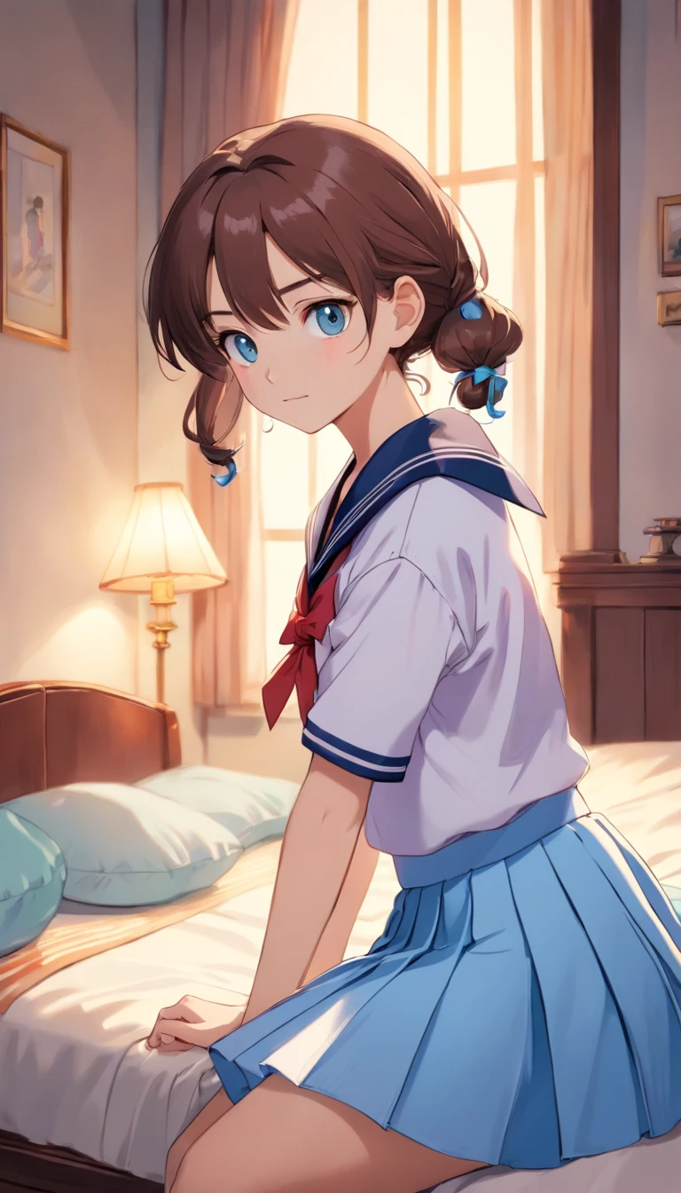 Beautiful illustration、top-quality、9 girl with brown ponytail and medium hair tied with purple elastic. Her S is very small. Her eyes are dark blue、on the beds、(((light blue pleated skirt)))、(((a sailor suit)))、shortsleeves、Small、Flipping up the skirt with your hands、Knee sock feet、on the beds、lovely thighs、glowing thigh