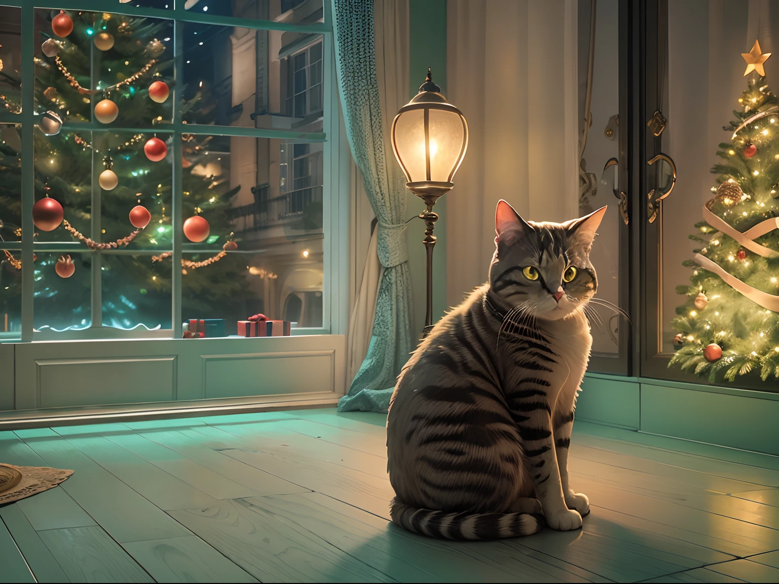 liveroom,A round-eyed cat sitting, There is a shiny Christmas tree next to it,There is a lamp outside the window.