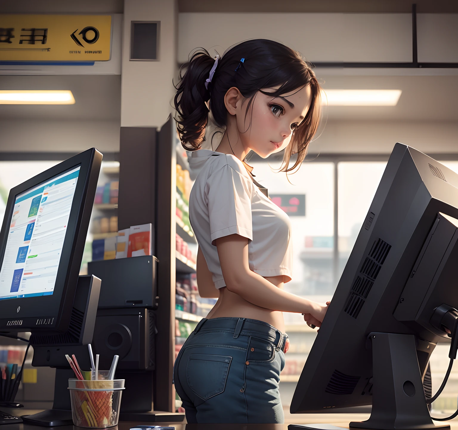 convenience store、2 beauties、clerk、Cute Uniform、hat、Cashier、A girl working the cash register、Shopping basket、register、serious personality、camel toe、huge tit、Nipple Puffs、cleavage、Plump、Super big breasts、super big butt、During checkout、Barcode reader、Coffee Server、Milk is breast milk、Byte Reader、Excellent grades