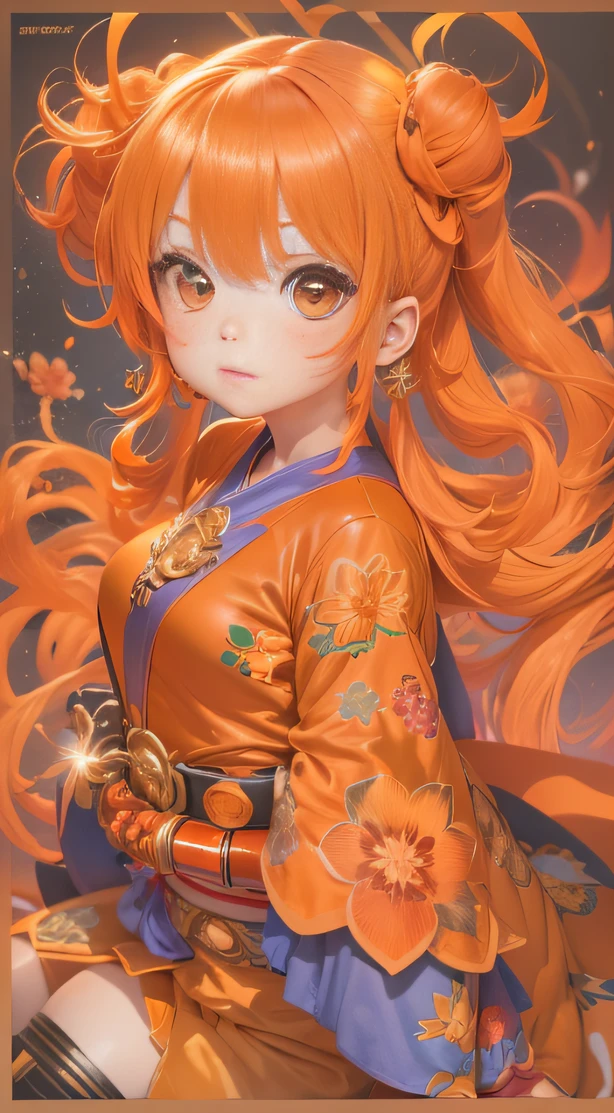 (A girl with bright orange hair)(Best quality, A high resolution, Vivid colors, (Manga Goddess), (comic strip))Forged hammer pattern，Big belly，oguchi，sedate，massiness，Shiny and warm