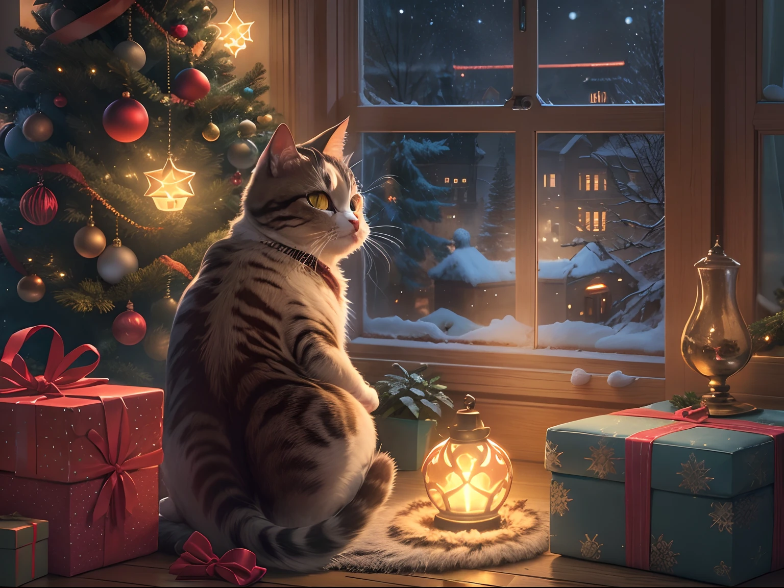 liveroom,A round-eyed cat sitting, There is a shiny Christmas tree next to it,There is a lamp outside the window.