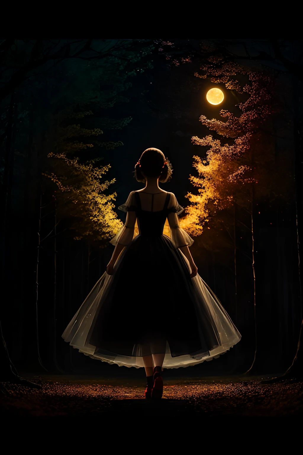 Solo,Mid-Autumn Festival ,Happy Mid-Autumn Festival,Moon,fire works,nigh sky,(fully body photo), Full body character design,Solo, 1 girl,standing on your feet,Night Moon Fluorescent Forest,fine art photography,(Movie Angle: 1.2),,(1 girl, Black sheer tulle dress),(Best quality, Detailed details, Masterpiece, offcial art, movie light effect, 4K)