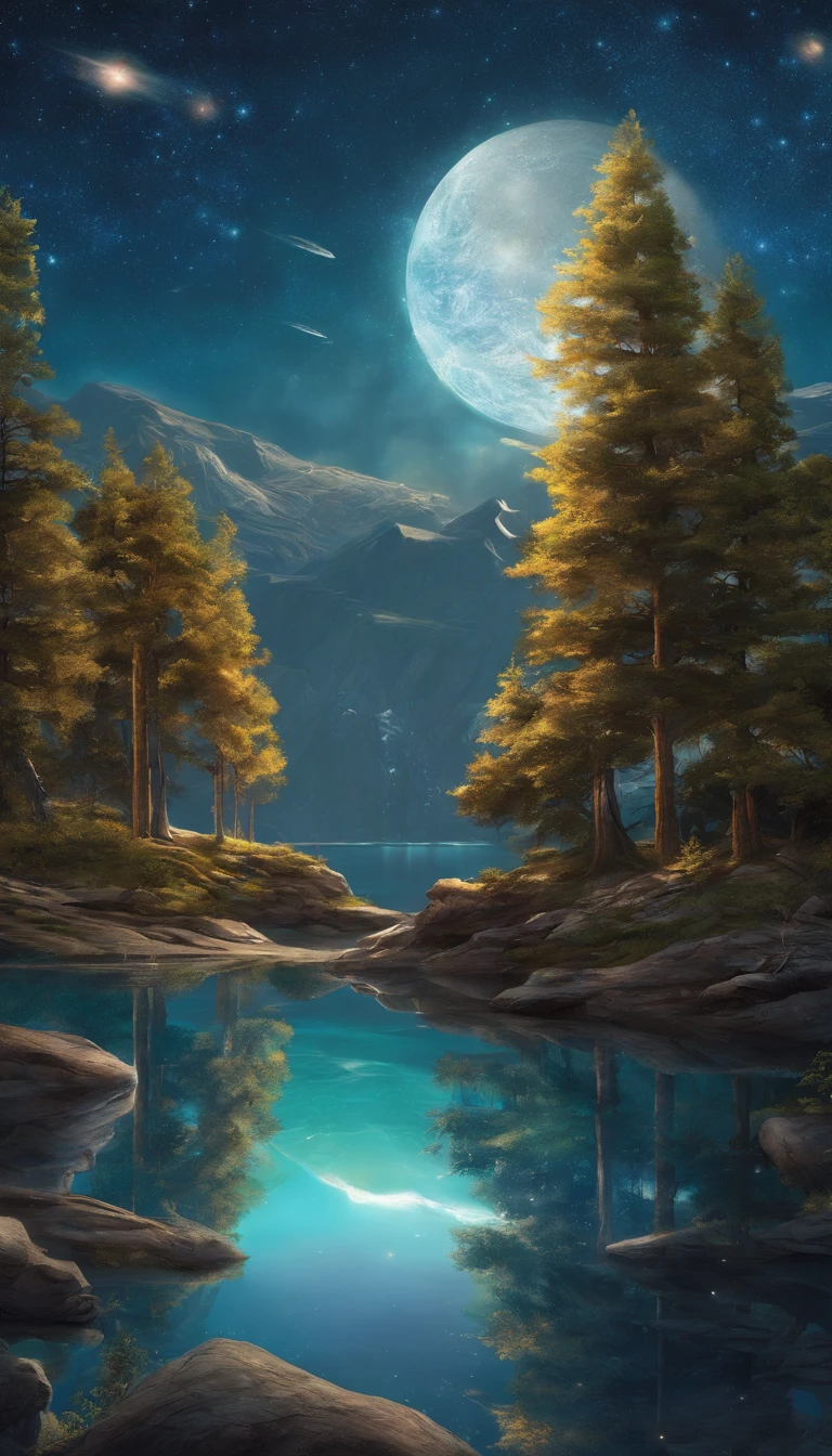The starry sky with mountains and lakes, Jessica Rosier, inspired by jessica rossier, jessica rossier fantasy art, Concept art magic highlights, Official artwork, Dream painting, Ethereal realm, atmospheric artwork, dreamy matte painting, Tranquil endless stars，Inspired by Ted Nasmith, Starry sky environment in moonlight, Epic music album cover.You can find me to customize the picture