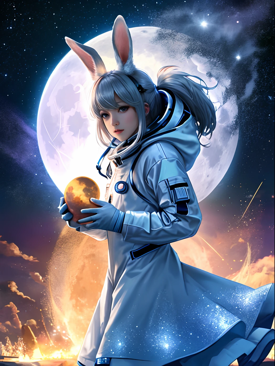 The magical Mid-Autumn Full Moon，1 rabbit in a spacesuit，ultra clear details，8k wallpaper，Cinematic lighting effects，High quality，