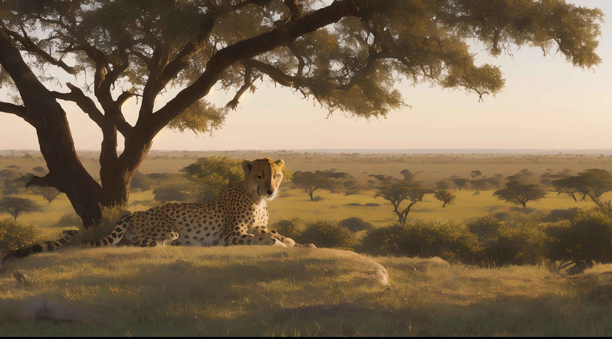 A cheetah laying on top of a large tree branch in the shade with the African Savannah in the background in cinematic late afternoon light