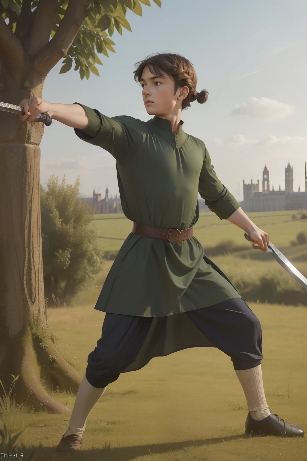 Year: 11th century. Location: London, England. Pre-raphaelite scene with a 12-year-old english boy, playing with a sword, training, outdoors, ((energetic)) ((movement)), ((((11th century plain dull tunic)))) ((11th century hairstyle)), (((cinematic style)))