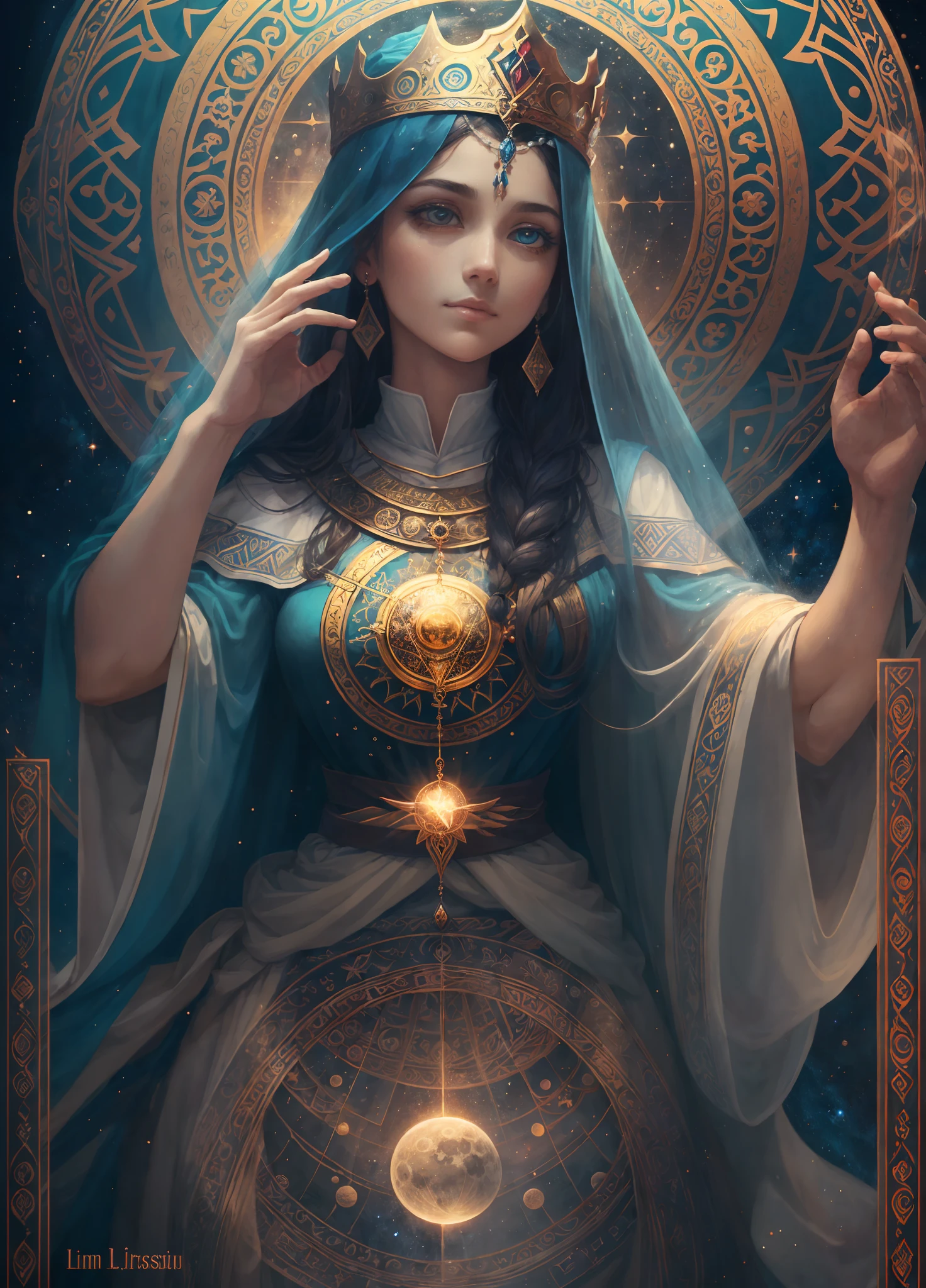 the High Priestess card reveals itself as one of the most enigmatic and powerful in the Tarot. It is firmly linked to intuition, to mystery and hidden wisdom, inviting us to explore its meaning in a ritualistic setting.  In the visual representation, the High Priestess assumes her position on a richly ornate throne, symbolizing your heightened connection to the divine. Seu manto, muitas vezes tingido em tons de azul profundo, envolve completamente seu ser, simbolizando o conhecimento profundo e o aspecto misterioso de sua sabedoria. A crown adorns his head, possibly decorated with spiritual or lunar symbols.  with reverence, ela segura um livro aberto em seu colo, que se manifesta como um portal para o conhecimento sagrado e a sabedoria interior. Sometimes, a curtain or veil flows smoothly behind her, sugerindo o limiar entre o mundo consciente e o mundo inconsciente, between what is known and what remains mysterious.  The expression on his face is serene and introspective, pointing to its deep connection to the inner world and inviting us to delve into the depths of our own intuition and wisdom. As part of this rite of understanding, we explore the High Priestess to uncover the secrets and mysteries she holds. --auto --s2