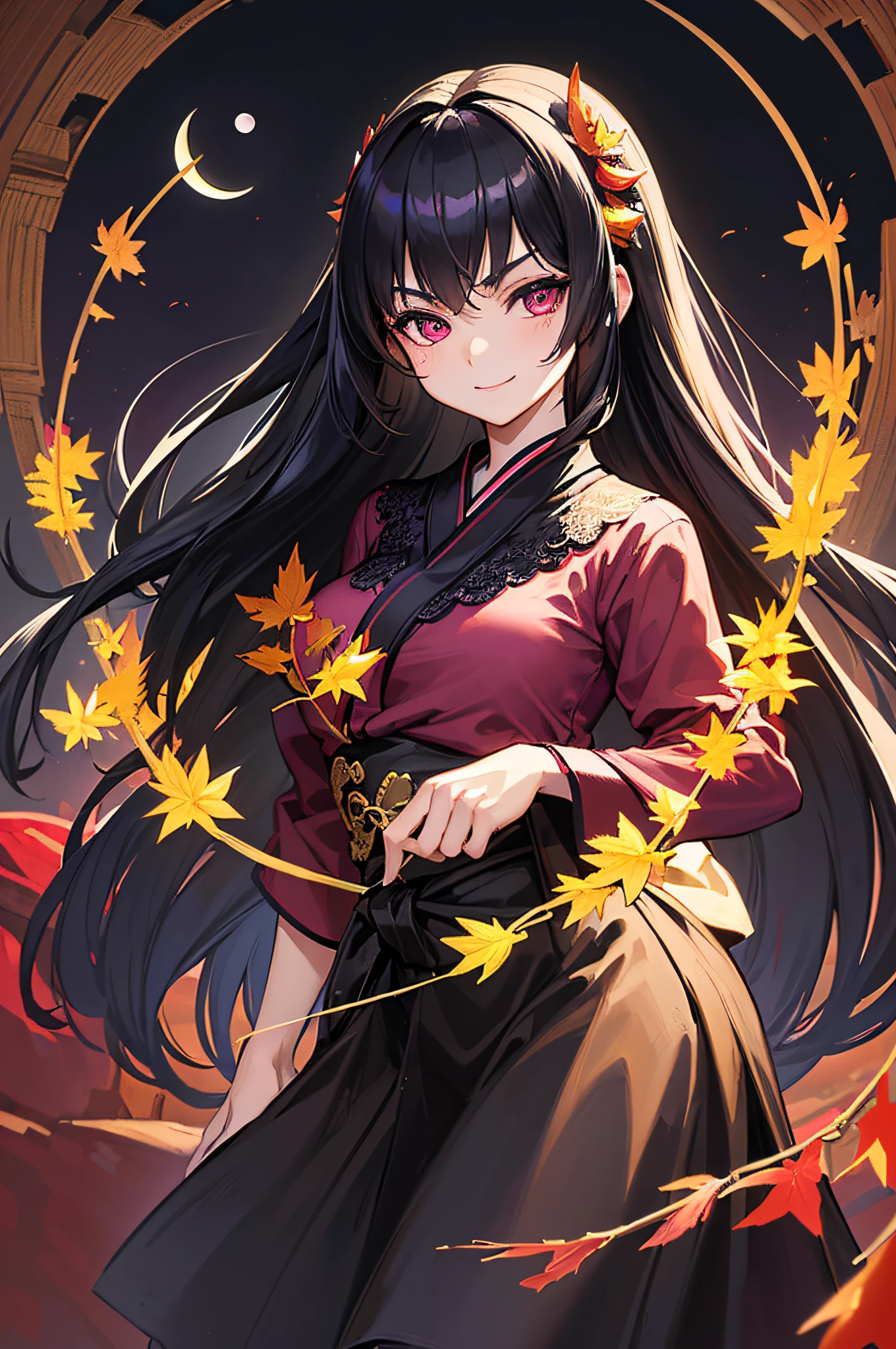 Masterpiece, high quality, super detailed, super high quality, very delicate and beautiful, female 18 years old, (((black hair two-side up to waist))), eyes sharp and strong glossy glossy eyes, eyebrows glossy, eye color magenta, 6.5 head height, clothes yukata, lace, (expression smiling), ((background mid autumn moon)), autumn leaves, Eulalia ,,