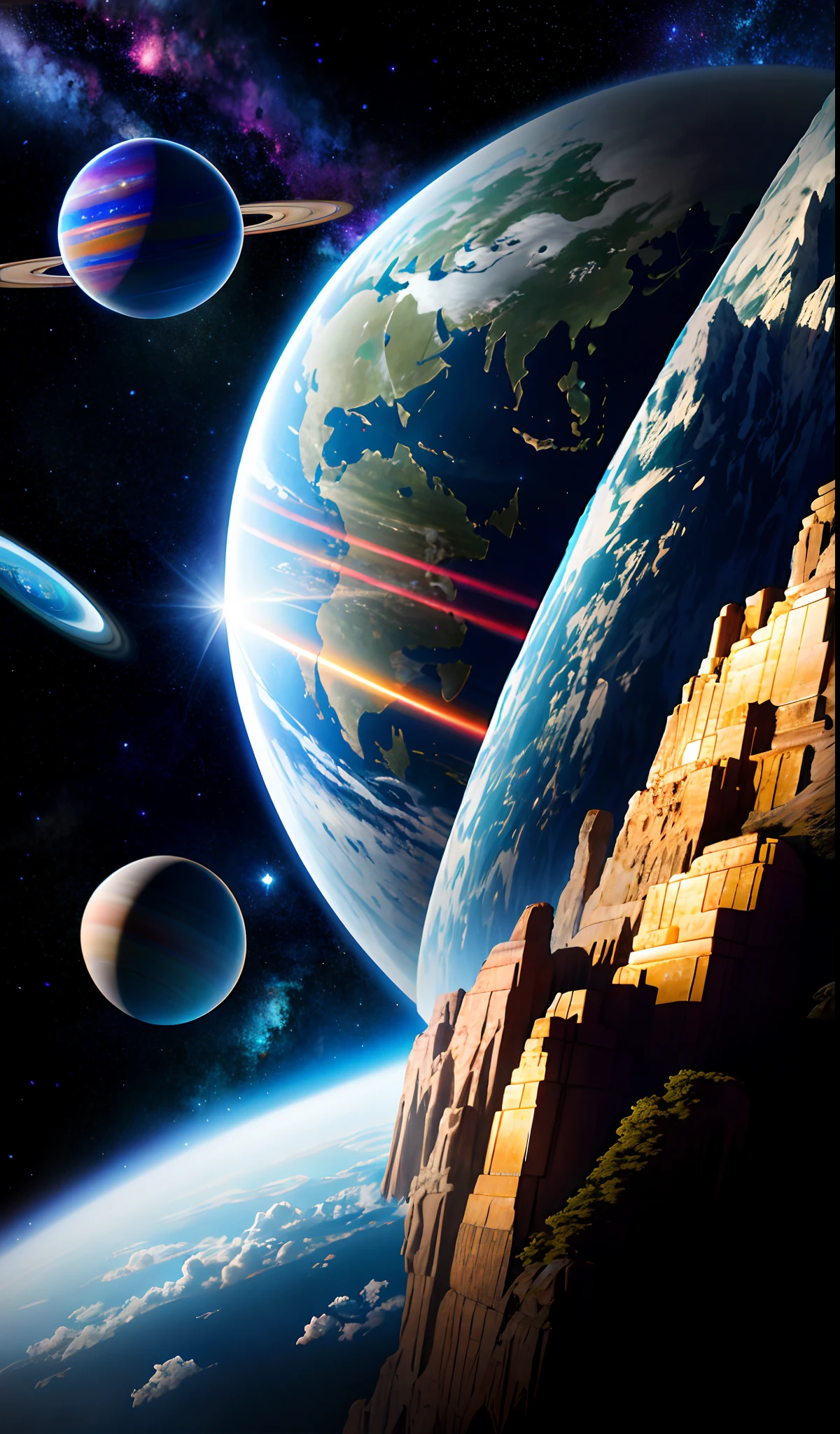 Masterpiece, best quality, high quality, extremely detailed CG Unity 8k wallpaper featuring the universe, with a spaceship waiting to take off, a distant Earth, planets, and futuristic, highly advanced civilizations. The image boasts high dynamic range, bloom, chromatic aberration, and photorealistic effects, with intricate details that are trending on Artstation and CGsociety. The artwork, created by Midjourney, is dramatic and highly detailed.