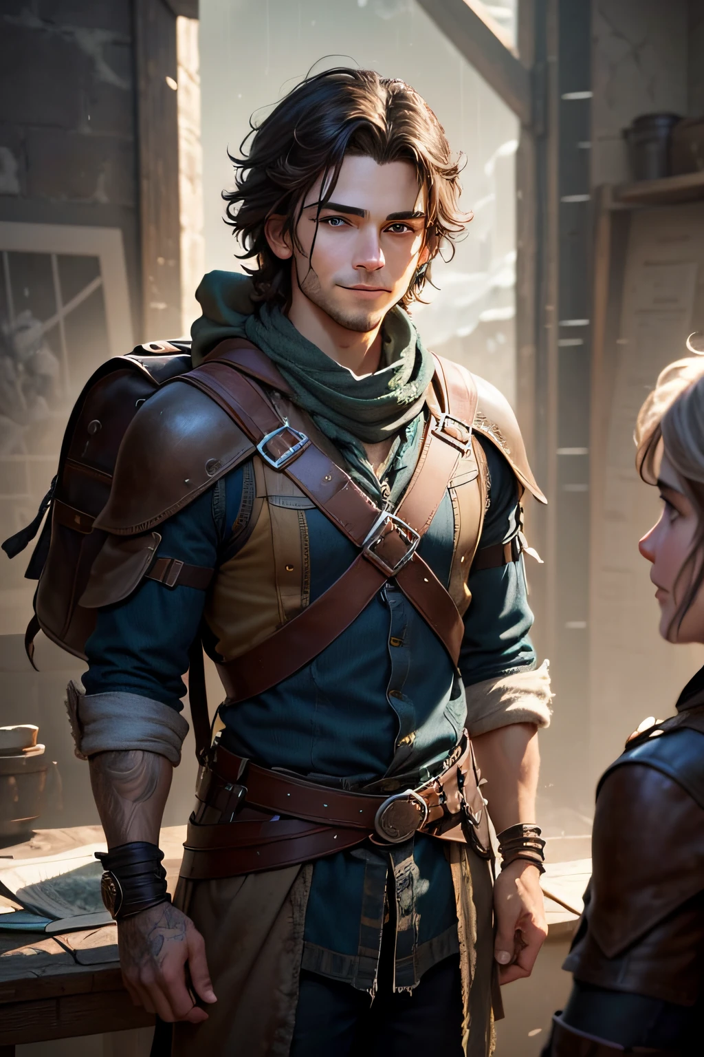 A young protagonist ,with a rugged charm and piercing eyes that reflect determination, Lysander Stormborne carries an air of quiet strength. His tousled, dark hair frames a face marked by the passage of trials, yet his smile holds a glimmer of hope. Clad in worn but meticulously kept attire, he exudes resilience and determination, embodying the spirit of someone who has weathered storms and emerged stronger. , determined eyes and a backpack stands in awe as he meets his female art mentor, a wise and experienced artist with a warm smile. The mentor's eyes twinkle with creativity and knowledge. They sit together, surrounded by the mentor's masterpiece creations, discussing techniques, colors, and the power of artistic expression.