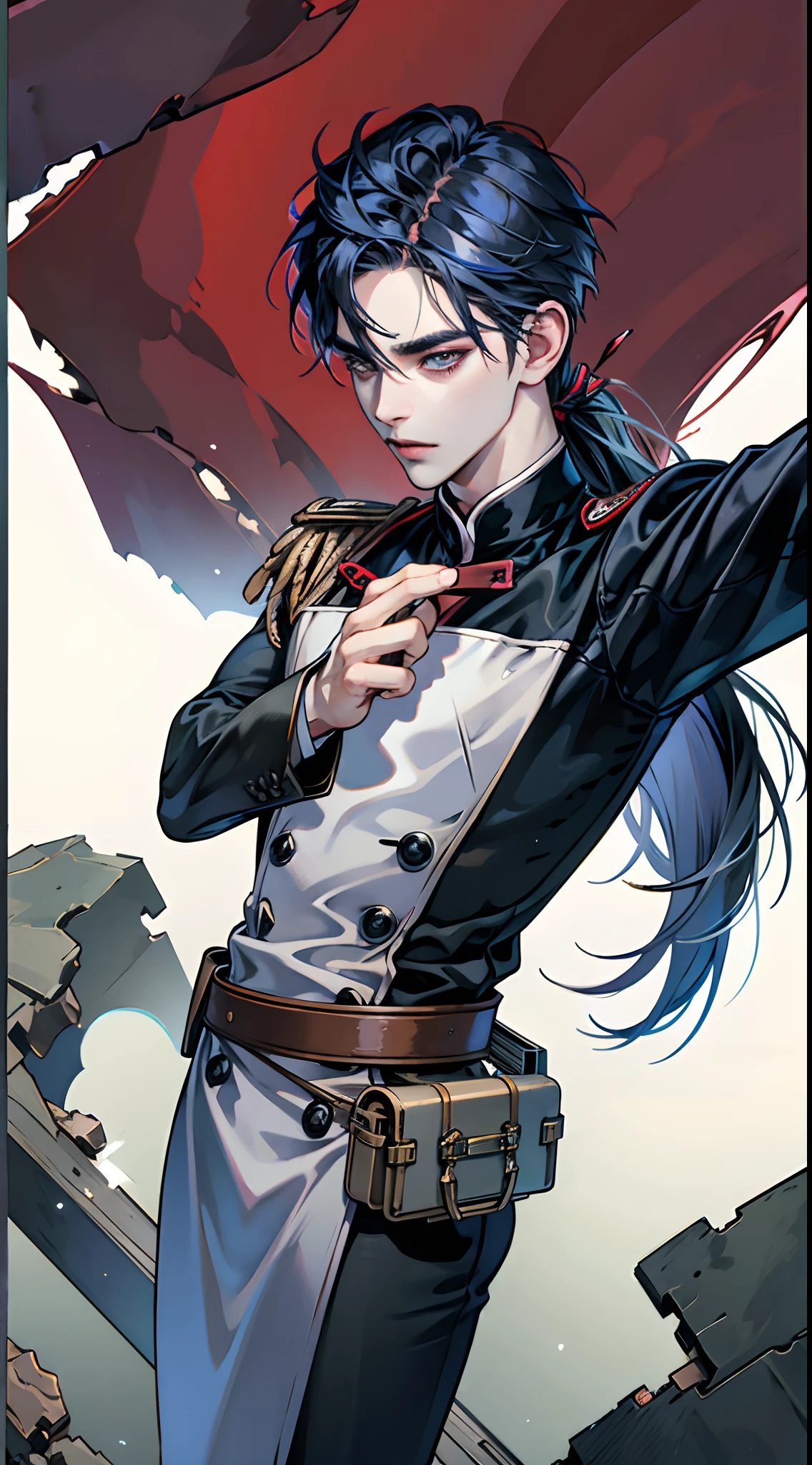 male people,twinks,Man with a feminine face,Young Face,Blue mesh hair on black hair,dishevled hair,His long back hair is tied with a red ribbon.,Clear eyes,Red Eyes,Contemporary military fashion with blue and black décor,Realistic illustrations delicately expressed in detail,animesque,comic strip,Multiple flying crows,Dark Hero,Stand on top of a dilapidated building,View here,Selfie wind