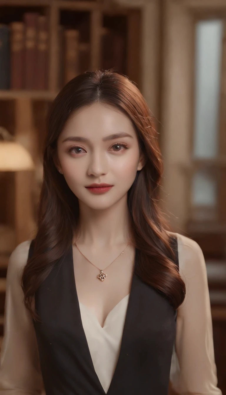 (full bodyesbian: 2), (masutepiece:1.3), (8K, Photorealistic, RAW photo, Best quality: 1.4), Vietnamese, (1girl in), Beautiful face, (Realistic face), (Brown hair, Long hair:1.3), Beautiful hairstyle, Realistic eyes, Beautiful, Detailed eyes, (Realistic skin), Beautiful skin, Attractive, 超A high resolution, ultra-realistic realism, Highly detailed, Golden ratio, Detailed face, view the viewer, no smile, Medium breasts, Stand in the library. From the front. Eyes looking at the camera. Business suit (Short skirt, Black tights: 1), Wear a bracelet, Wear a necklace, Wear glasses.
