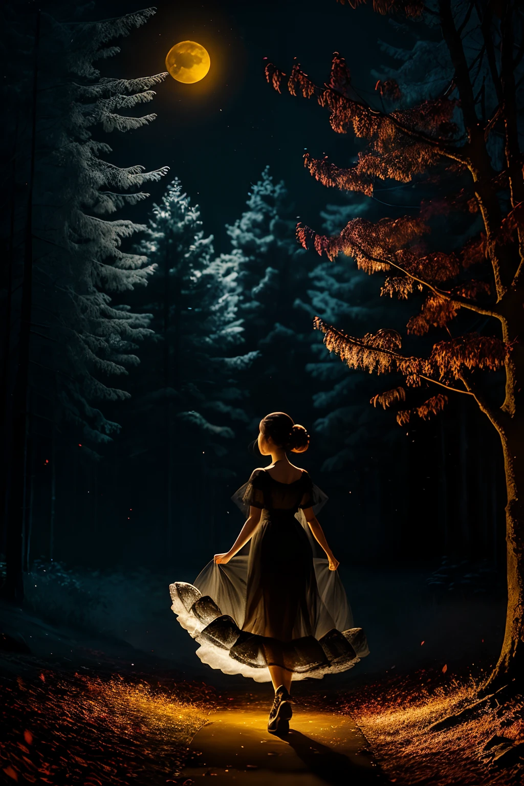 Solo,Mid-Autumn Festival ，Happy Mid-Autumn Festival，Moon，fire works，nigh sky，（fully body photo), Full body character design，Solo, 1 girl，standing on your feet，Night Moon Fluorescent Forest，fine art photography，(Movie Angle: 1.2),,(1 girl, Black sheer tulle dress),(Best quality, Detailed details, Masterpiece, offcial art, movie light effect, 4K)