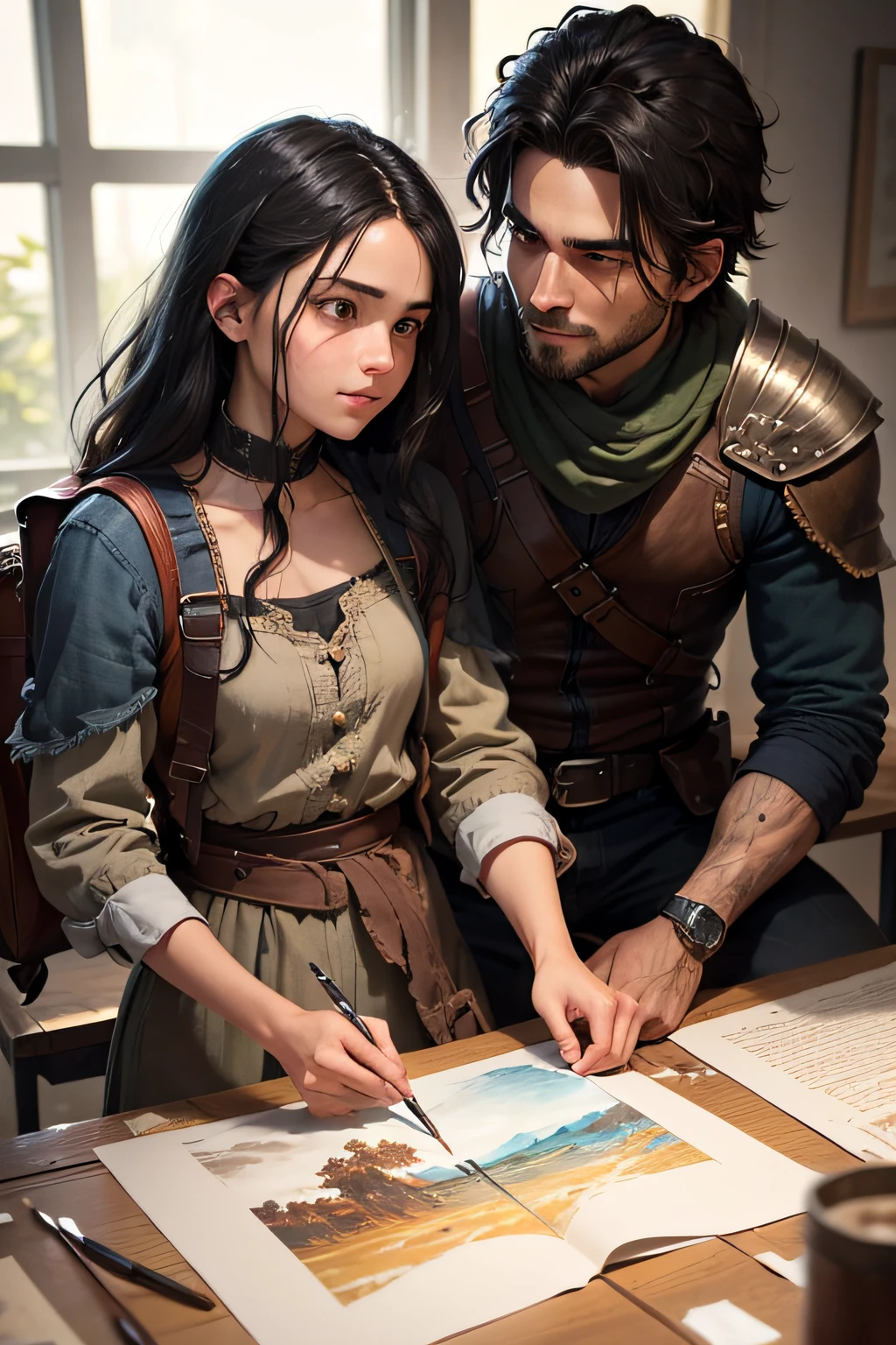 A young protagonist ,with a rugged charm and piercing eyes that reflect determination, Lysander Stormborne carries an air of quiet strength. His tousled, dark hair frames a face marked by the passage of trials, yet his smile holds a glimmer of hope. Clad in worn but meticulously kept attire, he exudes resilience and determination, embodying the spirit of someone who has weathered storms and emerged stronger. , determined eyes and a backpack stands in awe as he meets his female art mentor, a wise and experienced artist with a warm smile. The mentor's eyes twinkle with creativity and knowledge. They sit together, surrounded by the mentor's masterpiece creations, discussing techniques, colors, and the power of artistic expression.show the female mentor with black hair and flower on hair
