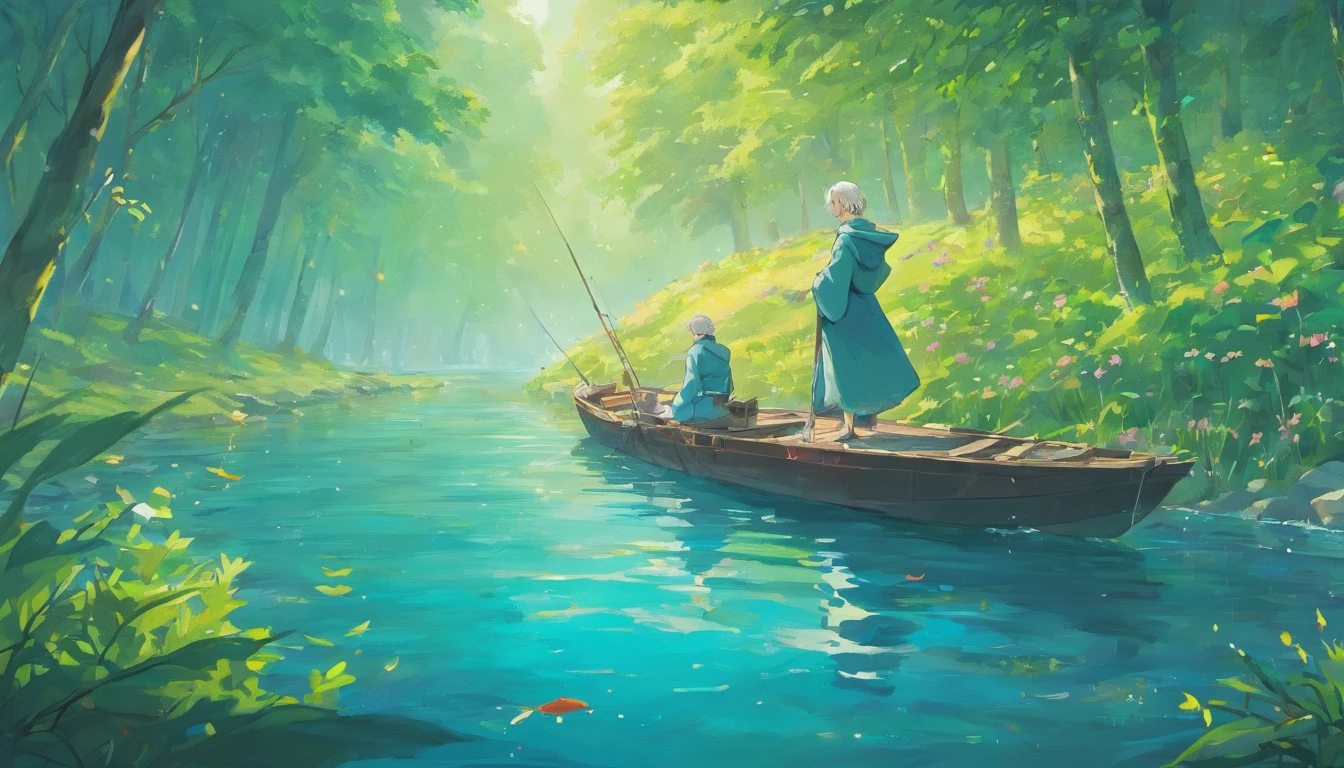An old man is fishing in the lake,Wearing a cloak,Dressed in a gown,There are small fish jumping out of the lake,water wave,Behind him is a large expanse of purple vetch,8k