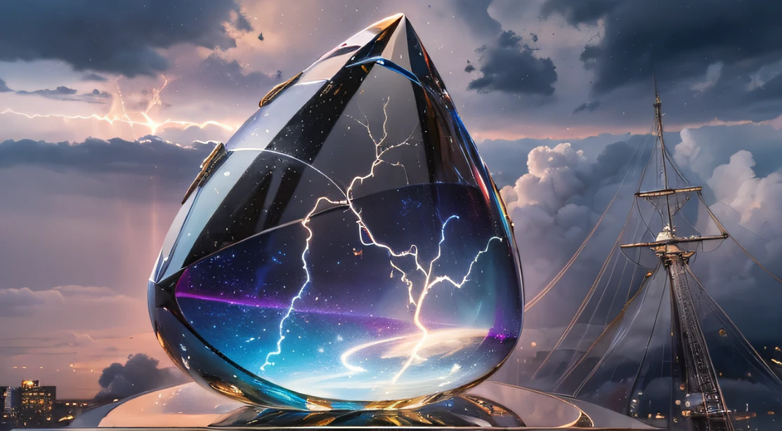 Miniature teardrop-shaped crystal cosmic elliptical ship,,Skysky,dark stormy clouds,Sky full of lightning, It will be a thunderstorm,top angle:Observation from the top of the object,The top and bottom of the object can be seen。