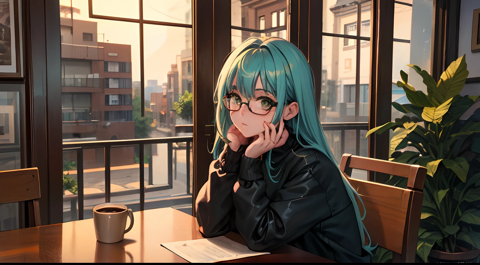 master part, best quality, Antecedentes muito detalhados, INTERVALO 1girl, Pov, roupa casual, sweater, Echarpe, jeans, Botas, green hairs, olhos azuis, boina, reading glasses, coffee cup, peito achatado, BREAK sitting at the table, Olhando para o Viewer,sentado ao lado, BREAK tarde aconchegante, coffee shop, mesas de madeira, comfy chairs, soft-lighting, chuva, Clientes