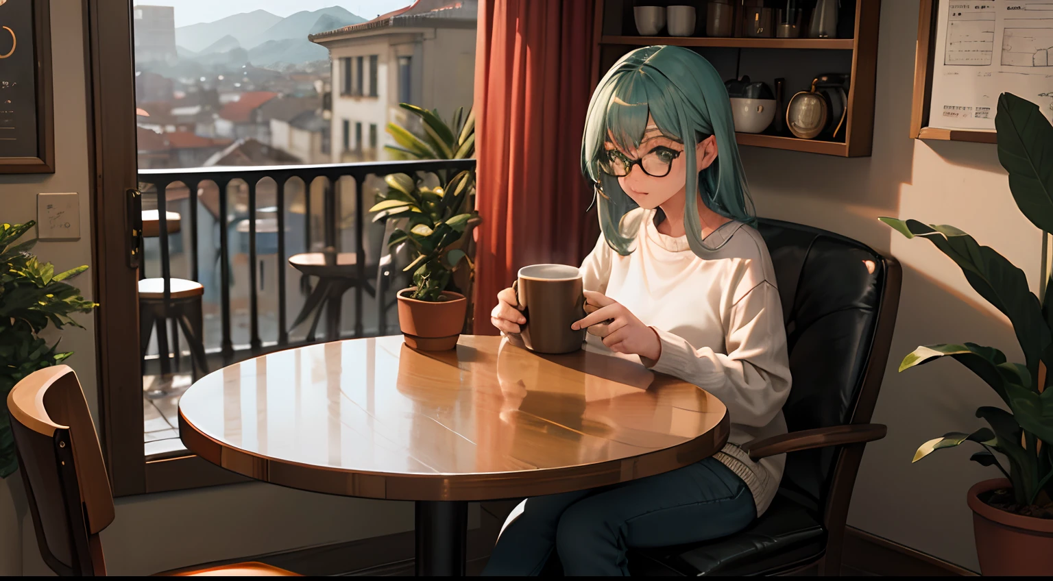 master part, best quality, Antecedentes muito detalhados, INTERVALO 1girl, Pov, roupa casual, sweater, Echarpe, jeans, Botas, green hairs, olhos azuis, boina, reading glasses, coffee cup, peito achatado, BREAK sitting at the table, Olhando para o Viewer,sentado ao lado, BREAK tarde aconchegante, coffee shop, mesas de madeira, comfy chairs, soft-lighting, chuva, Clientes