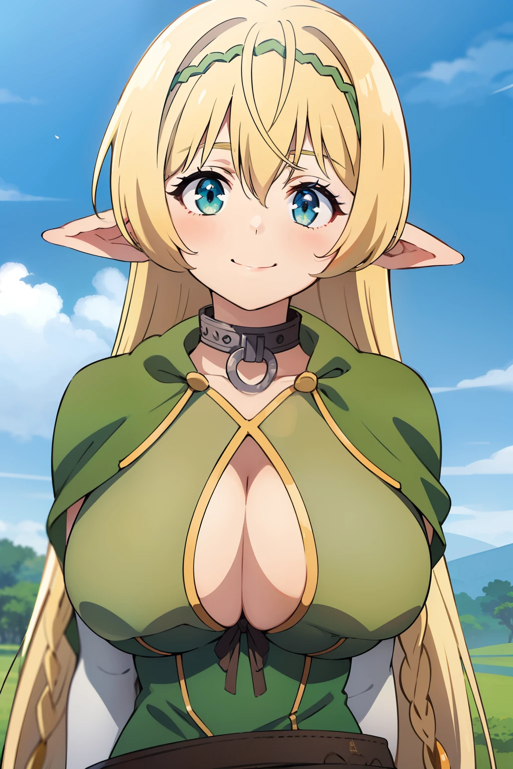 anime style, 12 years old, big eyes, green dress,cape,skirt,Green_outfit,cleavage, cleavage cutout, clothing cutout, elf,gem,chain,choker,blonde hair,blue eyes,bangs,very long hair, (hair between eyes:1.3),blunt bangs,green hairband, green ribbon, best quality, high resolution, 1girl, (huge breasts:1.2), A smile, blush, closed mouth
