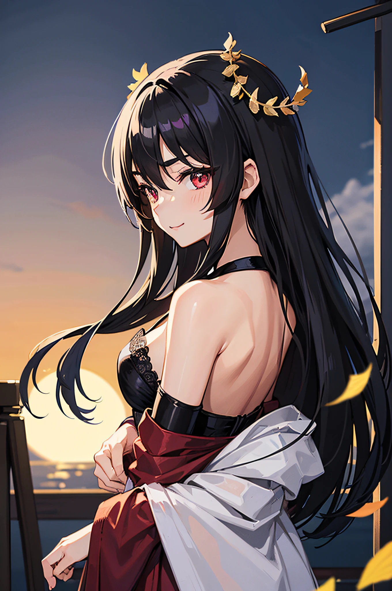 masutepiece, High quality, super detailed, ultra-quality, Very delicate and beautiful, Female 18 years old, (((Black hair from both sides to the waist))), eyes are sharp and strong,、shiny and、It has shiny eyes, Shiny eyebrows, Eye color Magenta, 6.5 head height, Clothes Yukata, Lace, (facial expression of smile), ((Background with:Mid-Autumn Moon)), Autumn leaves, Eulalia ,,