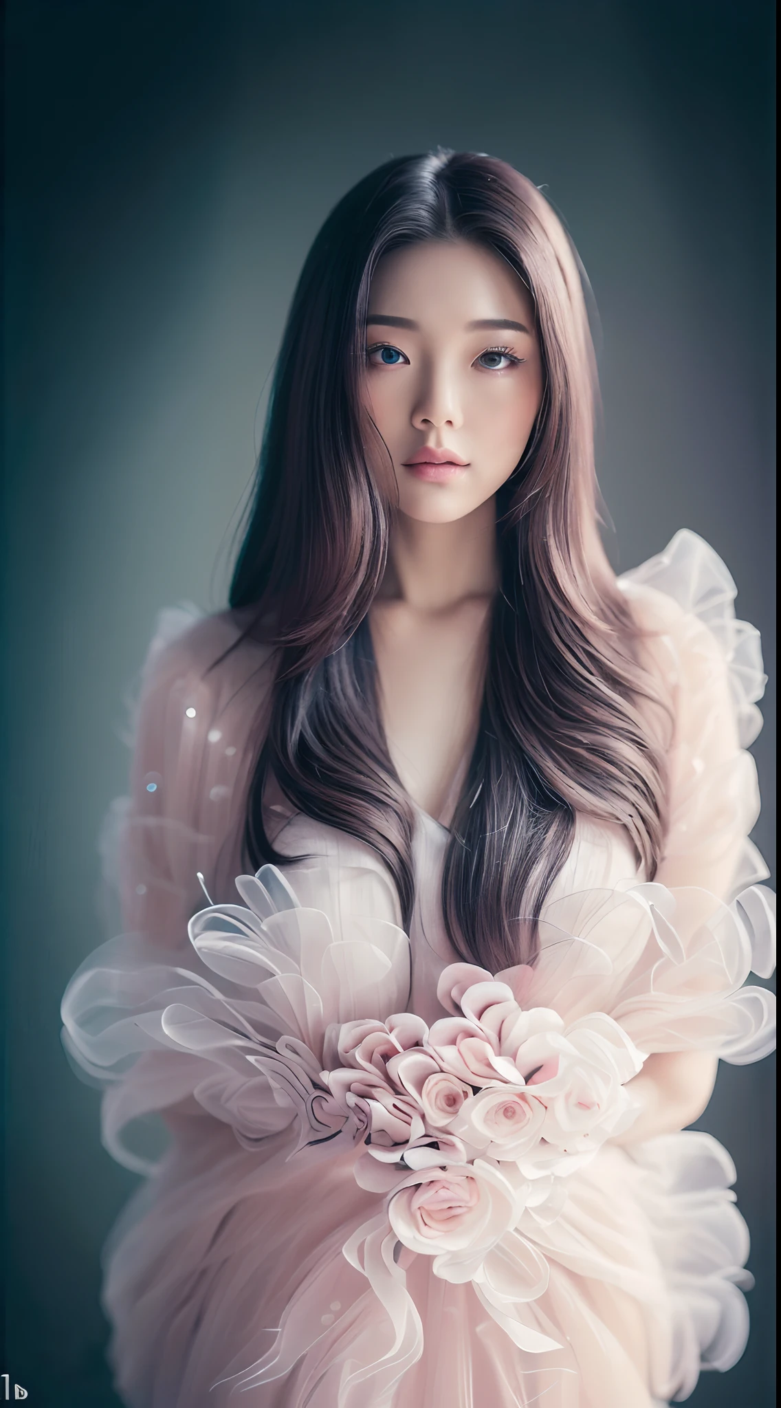 (Best quality, 4K, 8K, A high resolution, Masterpiece:1.2), Ultra-detailed, (Realistic, Photorealistic, photo-realistic:1.37), Portrait, Beautiful flowing long hair, Gray iris，vacant gaze, Plump pink lips, The ends of the hair are dotted with white flowers, Slender figure, Panoramic view, black formal, Detailed legs