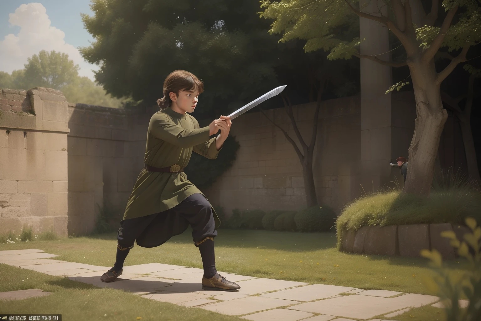 Year: 11th century. Location: London, England. Pre-raphaelite scene with a 12-year-old english boy, playing with a sword, training, outdoors, ((energetic)) ((movement)), ((((11th century plain dull tunic)))) ((11th century hairstyle)), (((cinematic style)))