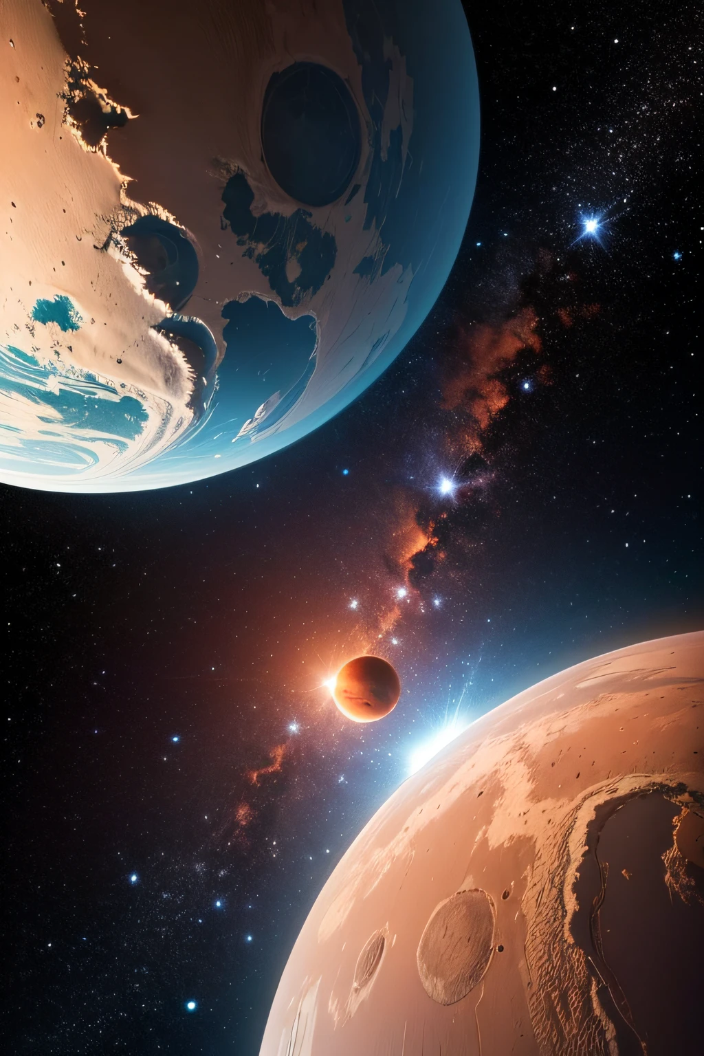 In space，Below is the Earth，Above is a slightly smaller Mars，In the middle is the starry sky，photorealestic，There is no superfluous