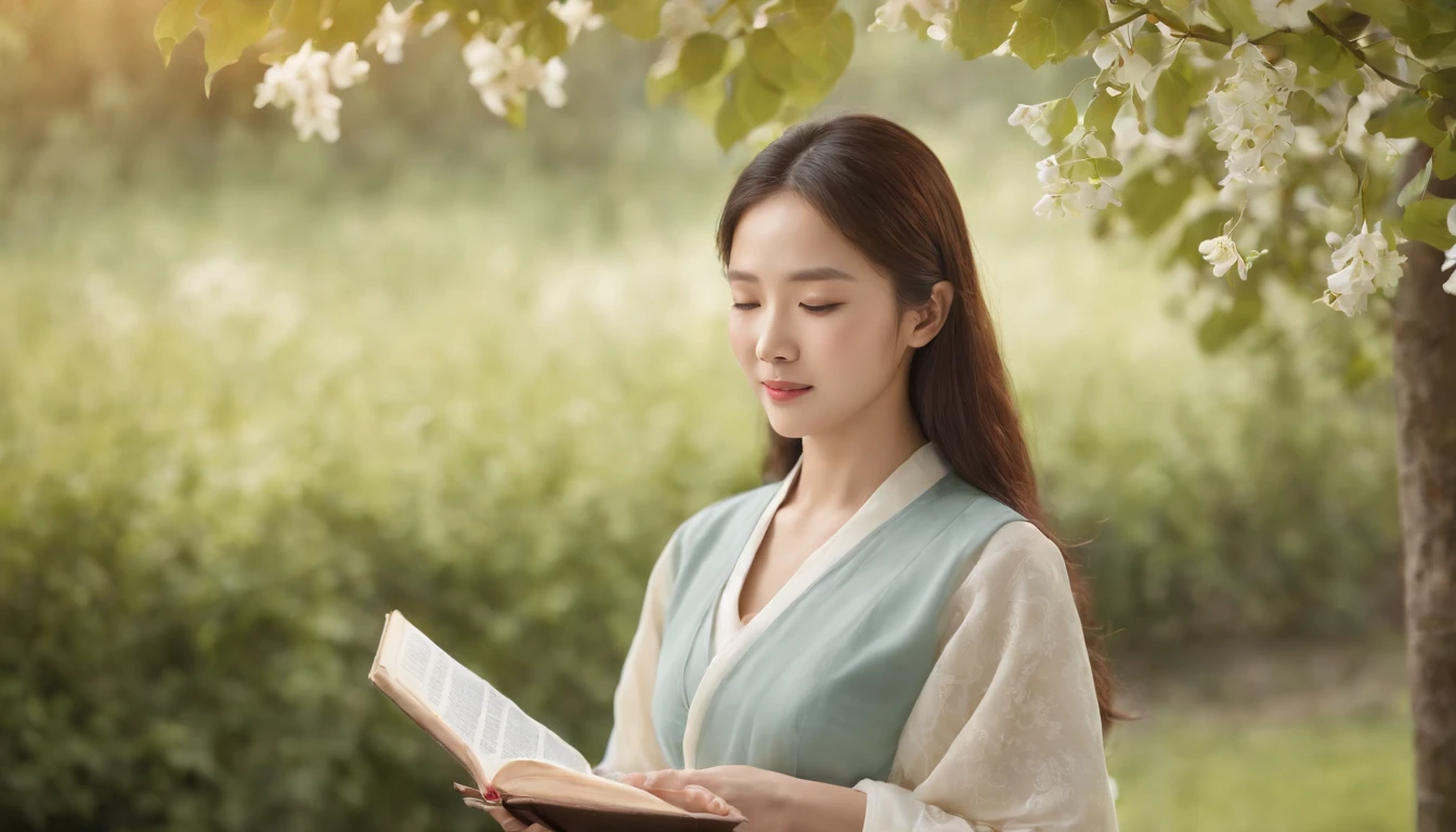 (best quality,ultra-detailed,realistic:1.37),portrait,korean woman reading Bible,oil painting,traditional Korean dress,peaceful garden scene,soft sunlight,serene expression,wisdom,biblical quotes,vibrant colors,delicate brushstrokes,subtle texture,lush greenery,meditative atmosphere,beautifully illustrated book,highlighted features:focused eyes,gentle smile,graceful posture,sunlight filtering through trees,sunbeam,quiet surroundings,tranquil ambiance,blessed moment