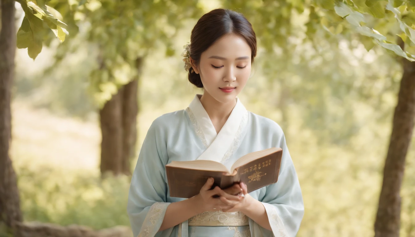 (best quality,ultra-detailed,realistic:1.37),portrait,korean woman reading Bible,oil painting,traditional Korean dress,peaceful garden scene,soft sunlight,serene expression,wisdom,biblical quotes,vibrant colors,delicate brushstrokes,subtle texture,lush greenery,meditative atmosphere,beautifully illustrated book,highlighted features:focused eyes,gentle smile,graceful posture,sunlight filtering through trees,sunbeam,quiet surroundings,tranquil ambiance,blessed moment