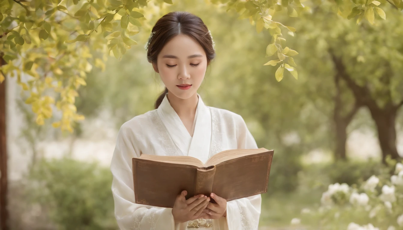 (best quality,ultra-detailed,realistic:1.37),portrait,korean woman reading Bible,oil painting,traditional Korean dress,peaceful garden scene,soft sunlight,serene expression,wisdom,biblical quotes,vibrant colors,delicate brushstrokes,subtle texture,lush greenery,meditative atmosphere,beautifully illustrated book,highlighted features:focused eyes,gentle smile,graceful posture,sunlight filtering through trees,sunbeam,quiet surroundings,tranquil ambiance,blessed moment