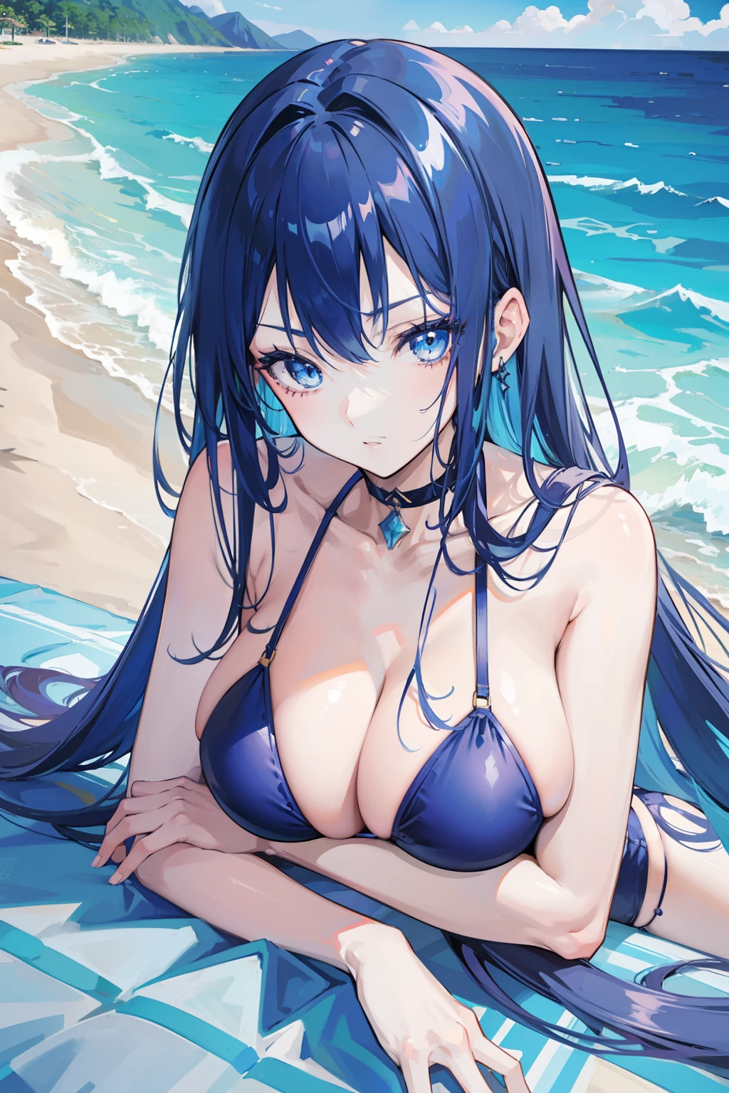 anime girl, long blue hair, beautiful blue eyes, mature and tall, mature face, slightly fierce face, in a dark blue bikini swimsuit, laying down at the beach, beautiful background, good anatomy, 8k, high resolution