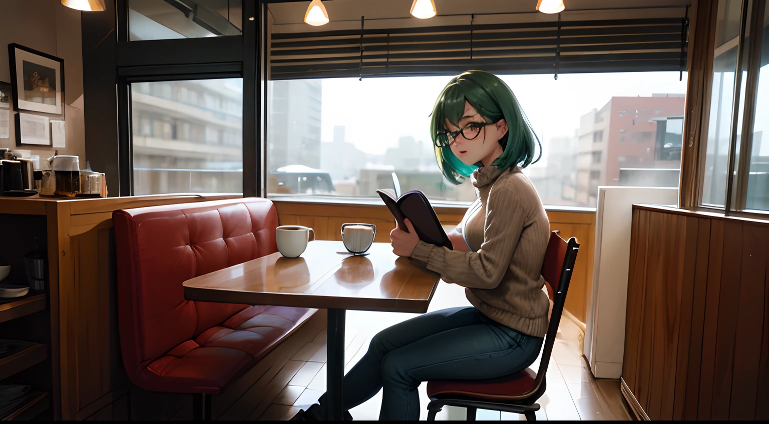 master part, best quality, Antecedentes muito detalhados, INTERVALO 1girl, Pov, roupa casual, sweater, Echarpe, jeans, Botas, green hairs, olhos azuis, boina, reading glasses, coffee cup, peito achatado, BREAK sitting at the table, Olhando para o Viewer,sentado ao lado, BREAK tarde aconchegante, coffee shop, mesas de madeira, comfy chairs, soft-lighting, Chuva nas janelas, Clientes