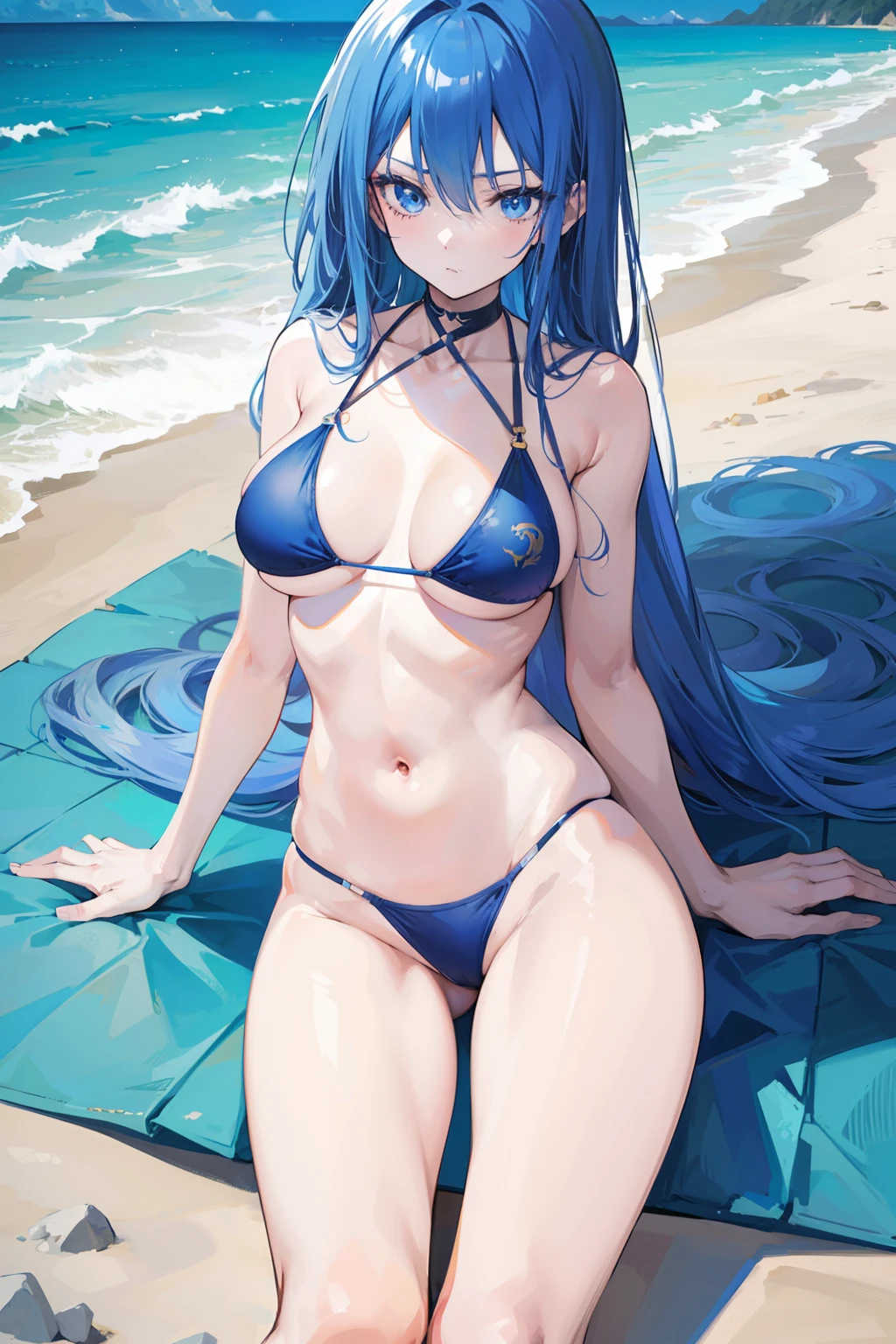 anime girl, long blue hair, beautiful blue eyes, mature and tall, mature face, slightly fierce face, in a dark blue bikini swimsuit, laying down at the beach, beautiful background, good anatomy, 8k, high resolution