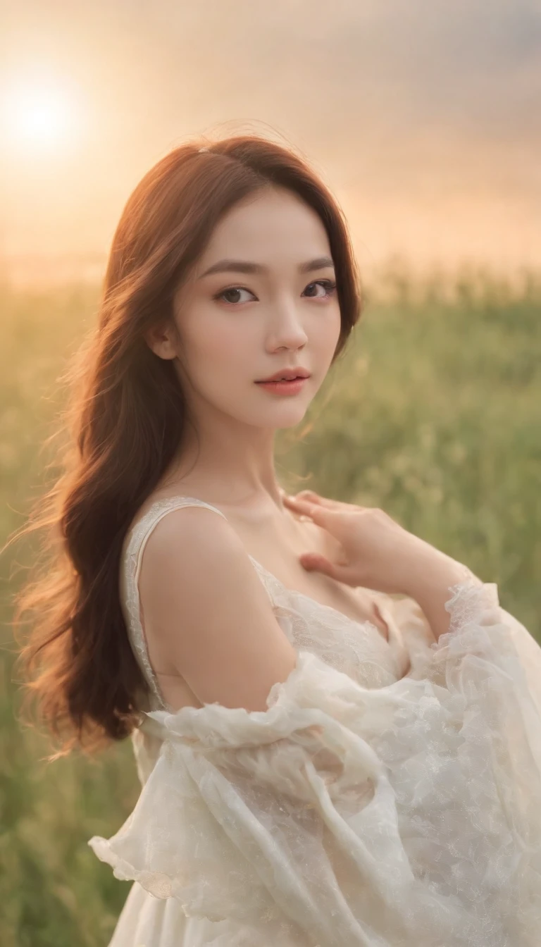 tmasterpiece、top-quality、cinematic Film still from、Morning、stroll。doggy、1girl in、Cloud Girl、floating in sky、closeup cleavage、with light glowing、blissful、Fresh morning sun、(Spark:0.7) 、stroll、Landscapes