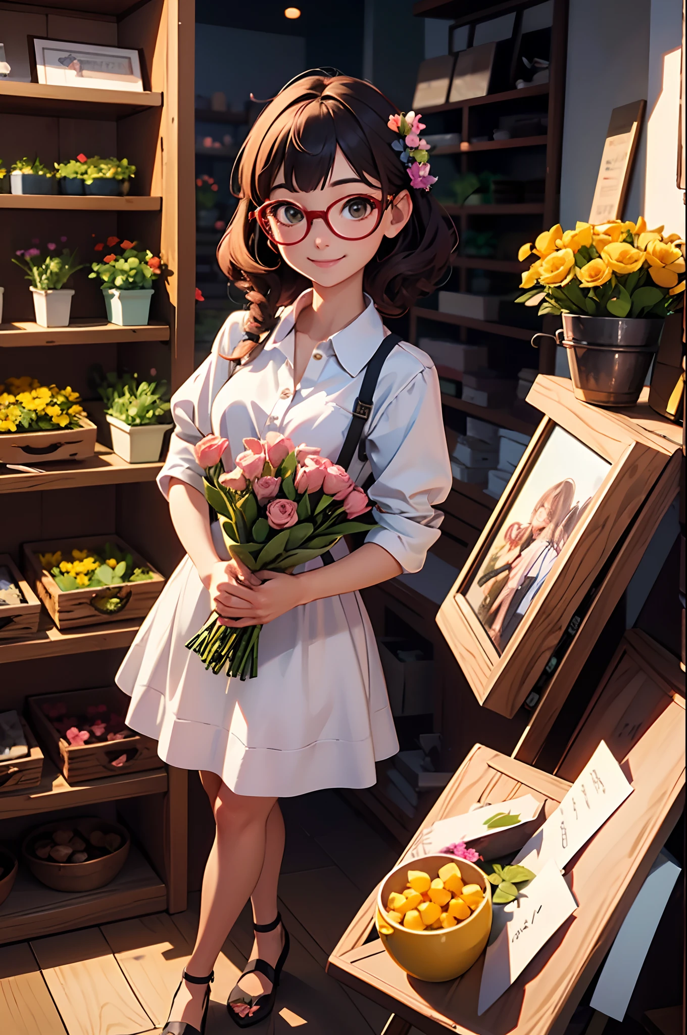 Best Quality、超A high resolution、fullllbody、Girl working in a flower shop、Making a bouquet、 Red glasses、A smile