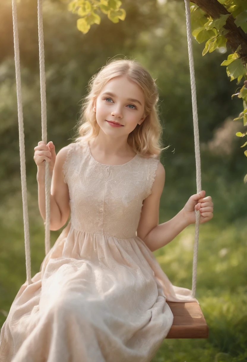 beautiful young girl swinging on a swing,blonde hair,long dress,garden background,soft sunlight,playful expression,joyful atmosphere,lush greenery,vibrant colors,happy childhood memories,classic illustration style,high resolution,realistic details,ethereal lighting