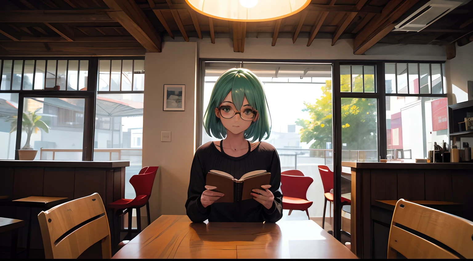 master part, best quality, Antecedentes muito detalhados, INTERVALO 1girl, Pov, roupa casual, sweater, Echarpe, jeans, Botas, green hairs, olhos azuis, boina, reading glasses, coffee cup, peito achatado, BREAK sitting at the table, Olhando para o Viewer,sentado ao lado, BREAK tarde aconchegante, coffee shop, mesas de madeira, comfy chairs, soft-lighting, Chuva nas janelas, Clientes