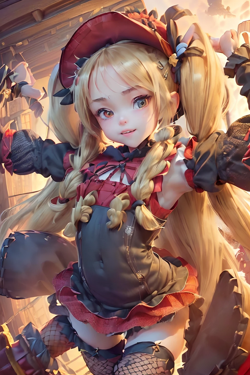 ((((hyperdetailed face, Perfect face and nice perfect face)))),( hight resolution, ultra-detailliert), (((((Petite girl with long hair blonde twin tails)))),(())),((((Red Maid Dresses)))),（((girl with))),,((((Fly over treasure chests)))),(((witch's hat))),(((Open your legs))),(((arms in arms))),(((Laugh innocently,Medieval cityscape))),((((fishnet tights, Highest Quality)))),