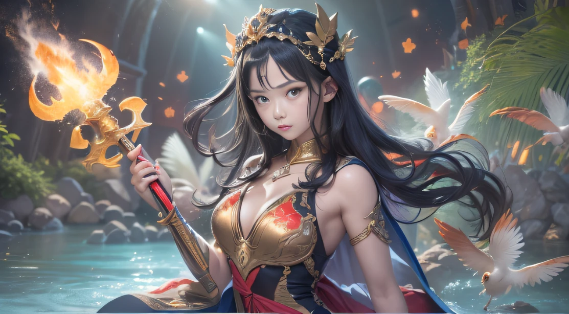 (Black-haired goddess of water control)(Best quality, A high resolution, Brightly colored cape, (Real girls), (Real Human))Forged hammer pattern,Small back,sedate,massiness,Shiny and warm