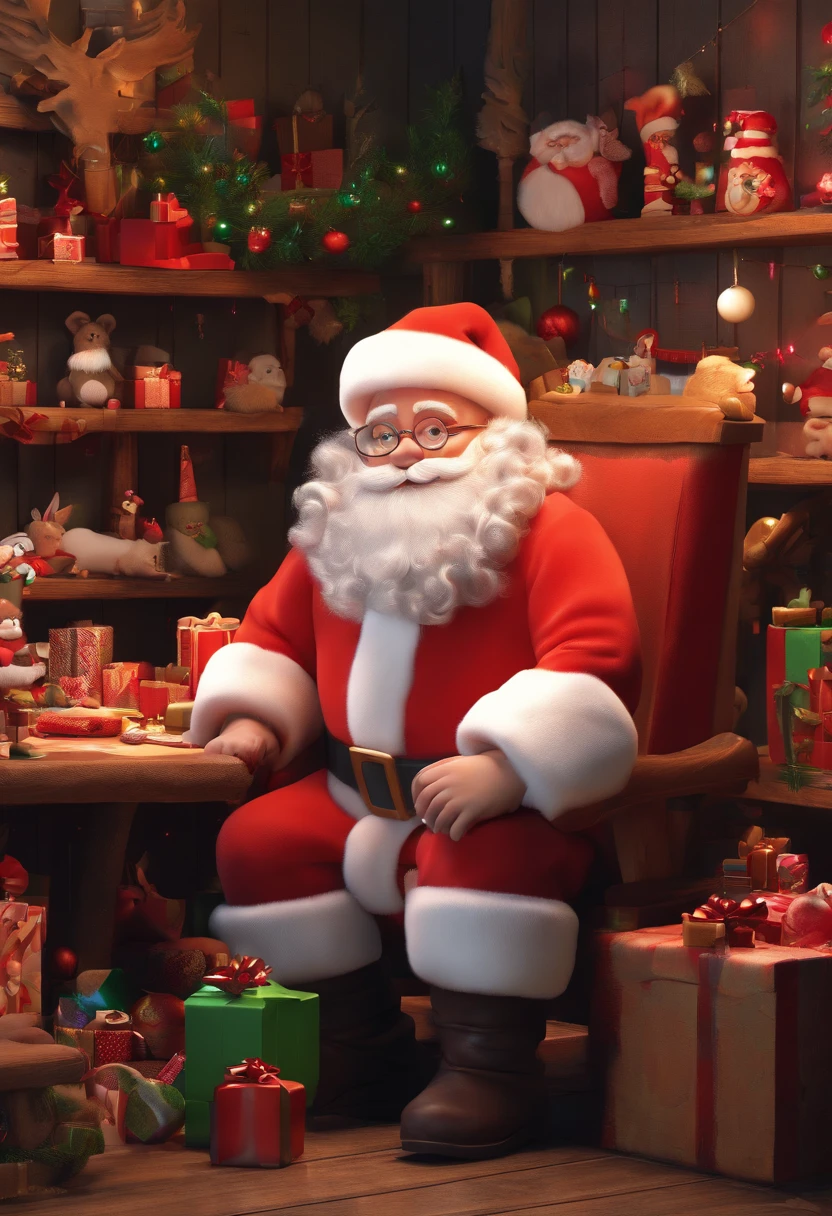 best quality, works, (realistic: 1,2), 1 young santa claus, inside a christmas toy workshop
