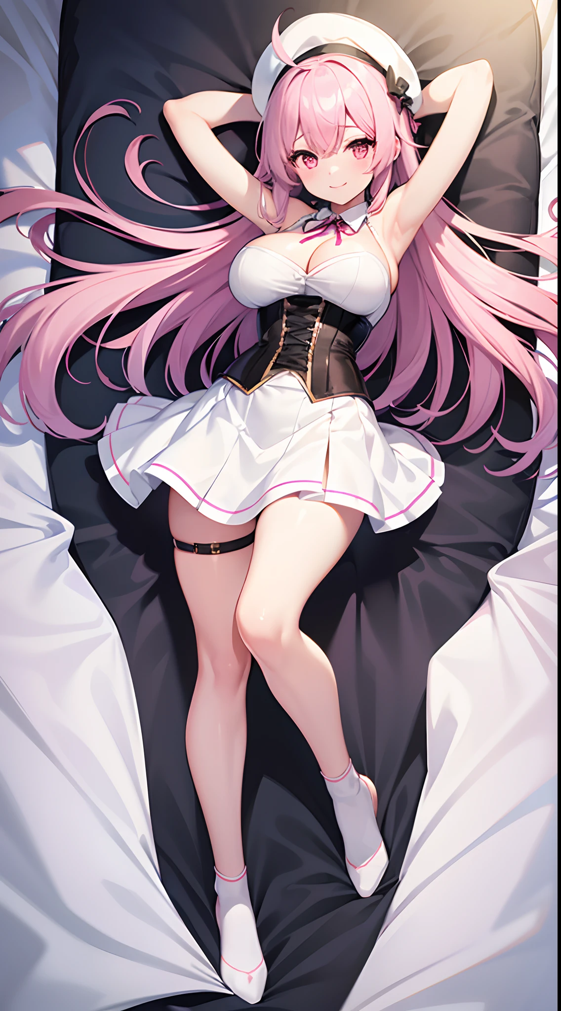 1 girl, game CG, white dress, cleavage visible, shoulders visible, corset, white short skirt, white jacket, neck ribbon, white beret, gigantic breasts, pink hair, long hair, straight hair, ahoge, pink eyes,dakimakura,full body, arms up, smile, turn around,