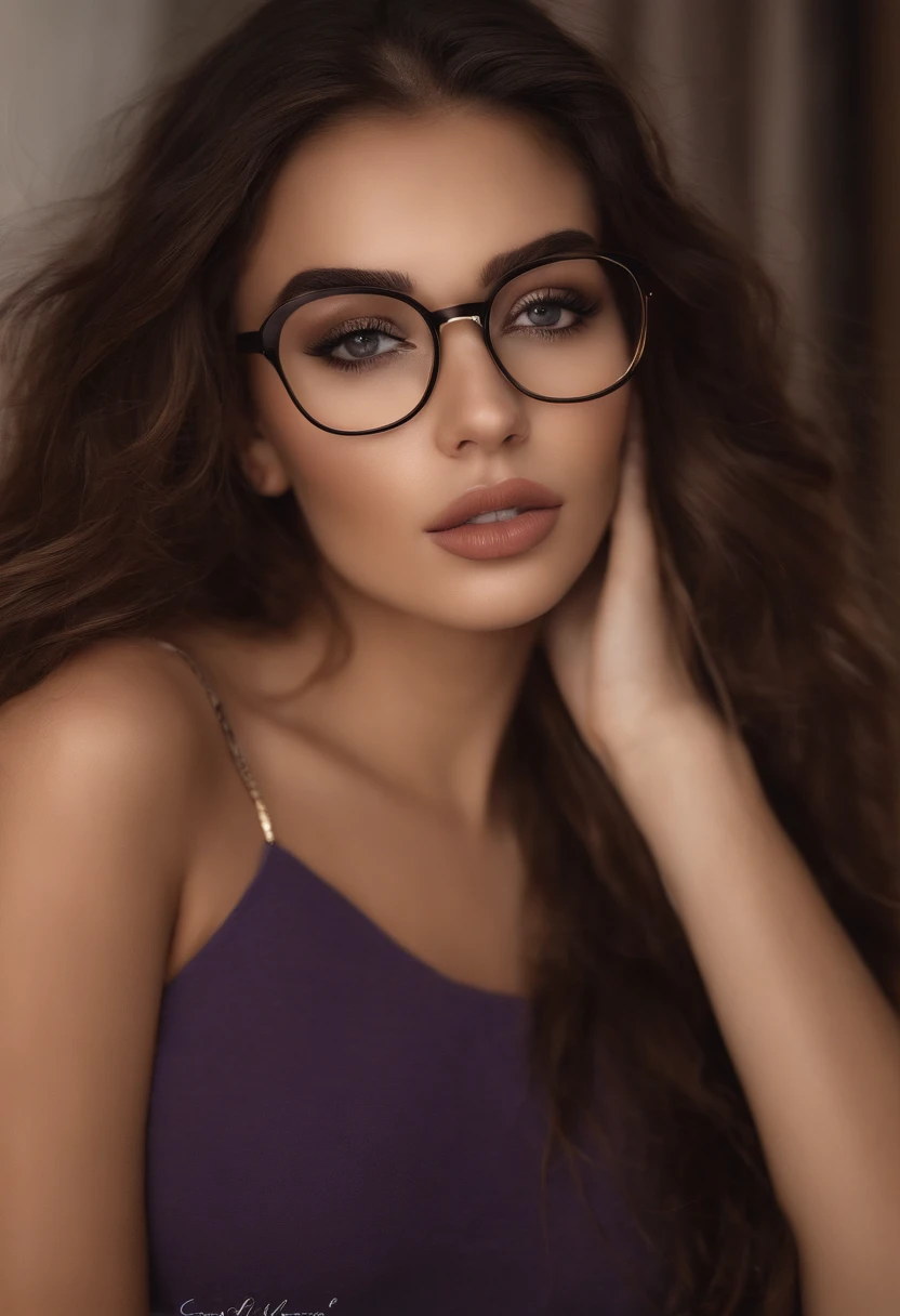 Woman with glasses completely Hispanic , fille sexy aux yeux bleux, ultra realist, Meticulously detailed, Portrait Sophie Mudd, cheveux bruns et grands yeux, selfie of a young woman, Dubai Eyes, Violet Myers, sans maquillage, maquillage naturel, looking straight at camera, Visage avec Artgram, Maquillage subtil, Great photo of the whole body kneeling on the bed, dans la chambre, Medium to large bust